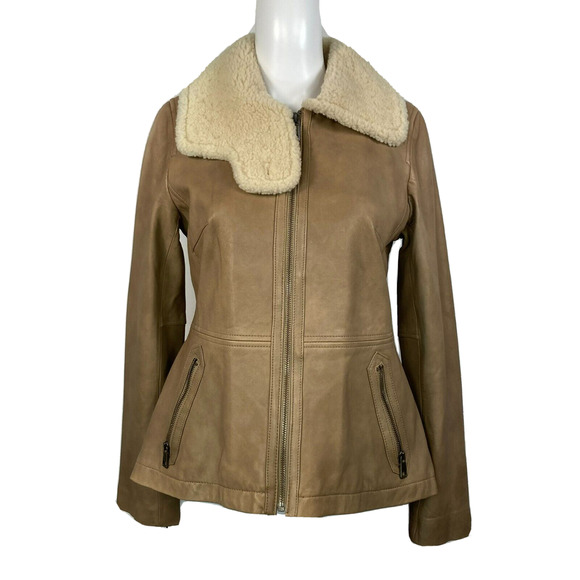 Banana Republic Coat Jacket Womens Sz XS Tan Lamb Leather Shearling‎ Zip Pockets - Picture 1 of 11